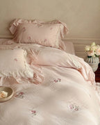 Beatrice Rose Lace Ruffle Bedding Set / Pink, lifestyle image - House Of Avana
