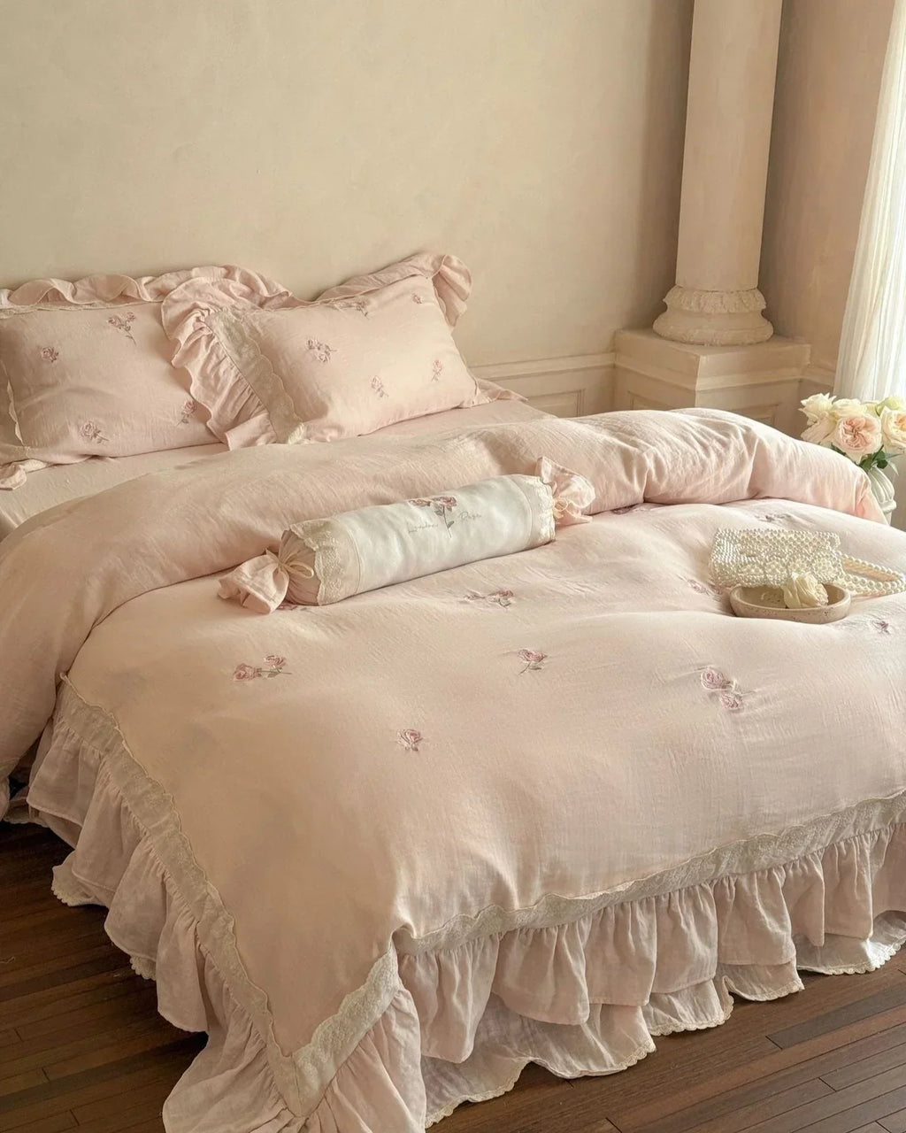 Beatrice Rose Lace Ruffle Bedding Set / Pink, top view - House Of Avana