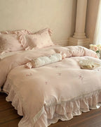 Beatrice Rose Lace Ruffle Bedding Set / Pink, top view - House Of Avana