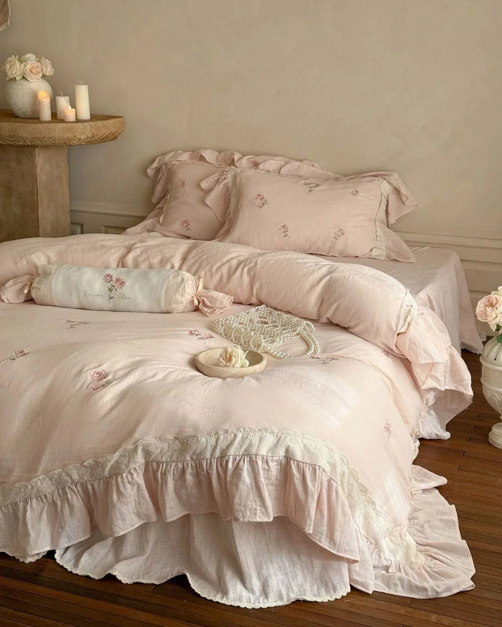Beatrice Rose Lace Ruffle Bedding Set / Pink, angled view - House Of Avana