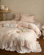 Beatrice Rose Lace Ruffle Bedding Set / Pink, angled view - House Of Avana