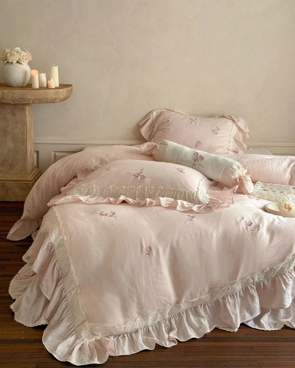 Beatrice Rose Lace Ruffle Bedding Set / Pink, angled view - House Of Avana
