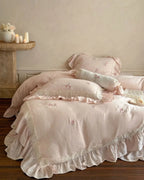Beatrice Rose Lace Ruffle Bedding Set / Pink, angled view - House Of Avana