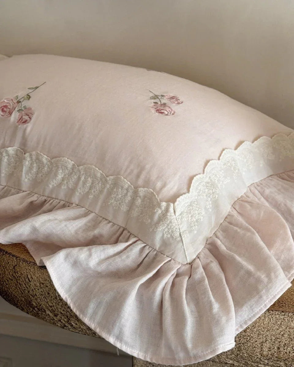 Beatrice Rose Lace Ruffle Bedding Set / Pink, angled view - House Of Avana