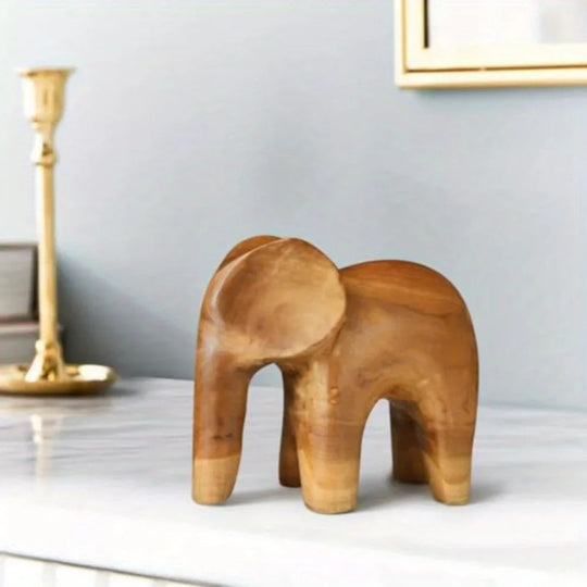 Hand-Carved Teak Wood Elephant Sculpture - 7.5
