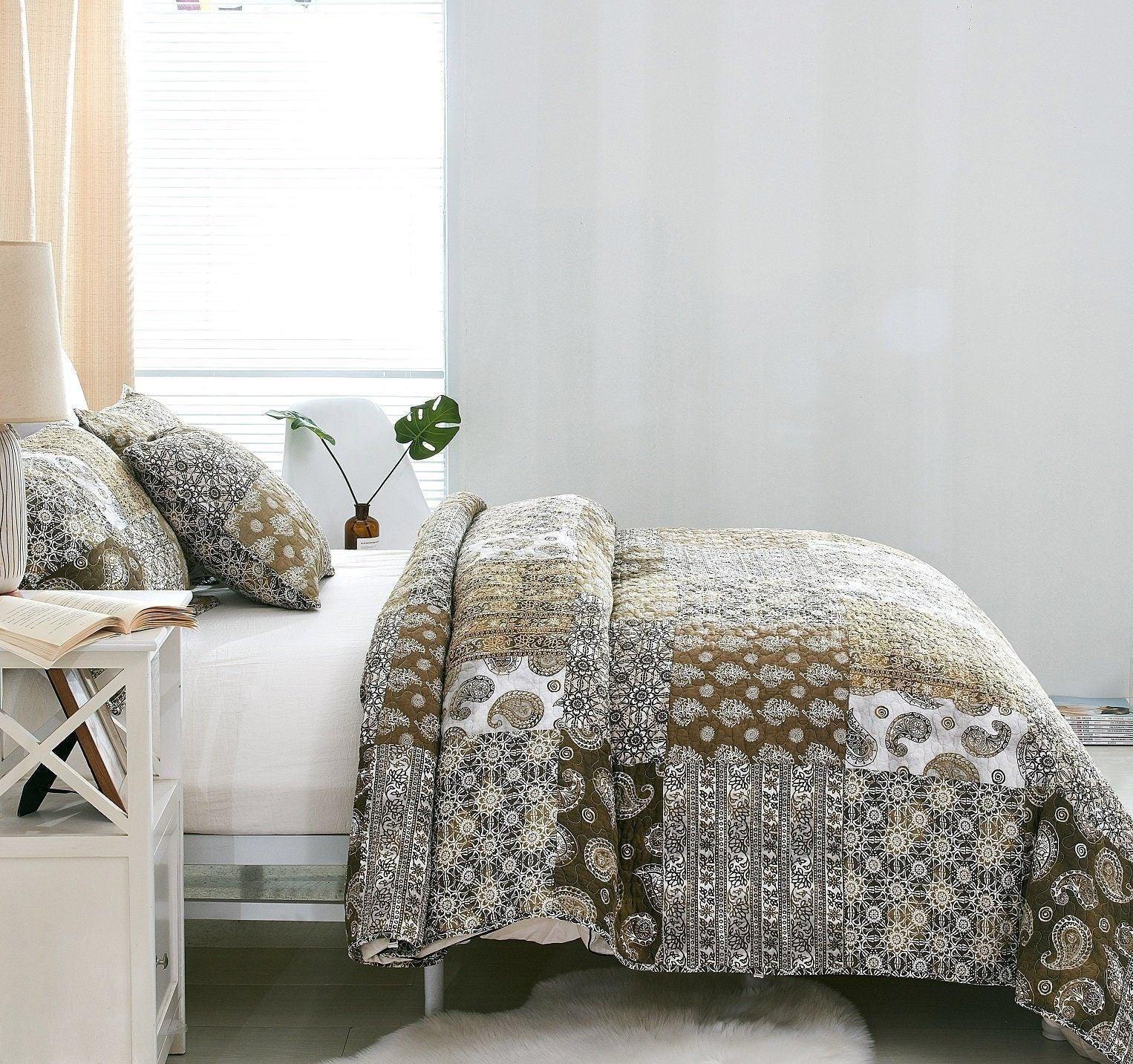 DaDa Bedding Bohemian Olive Brown Moroccan Paisley Floral Filigree Patchwork Cotton Bedspread Set (JHW-885) DaDalogy Bedding Collection