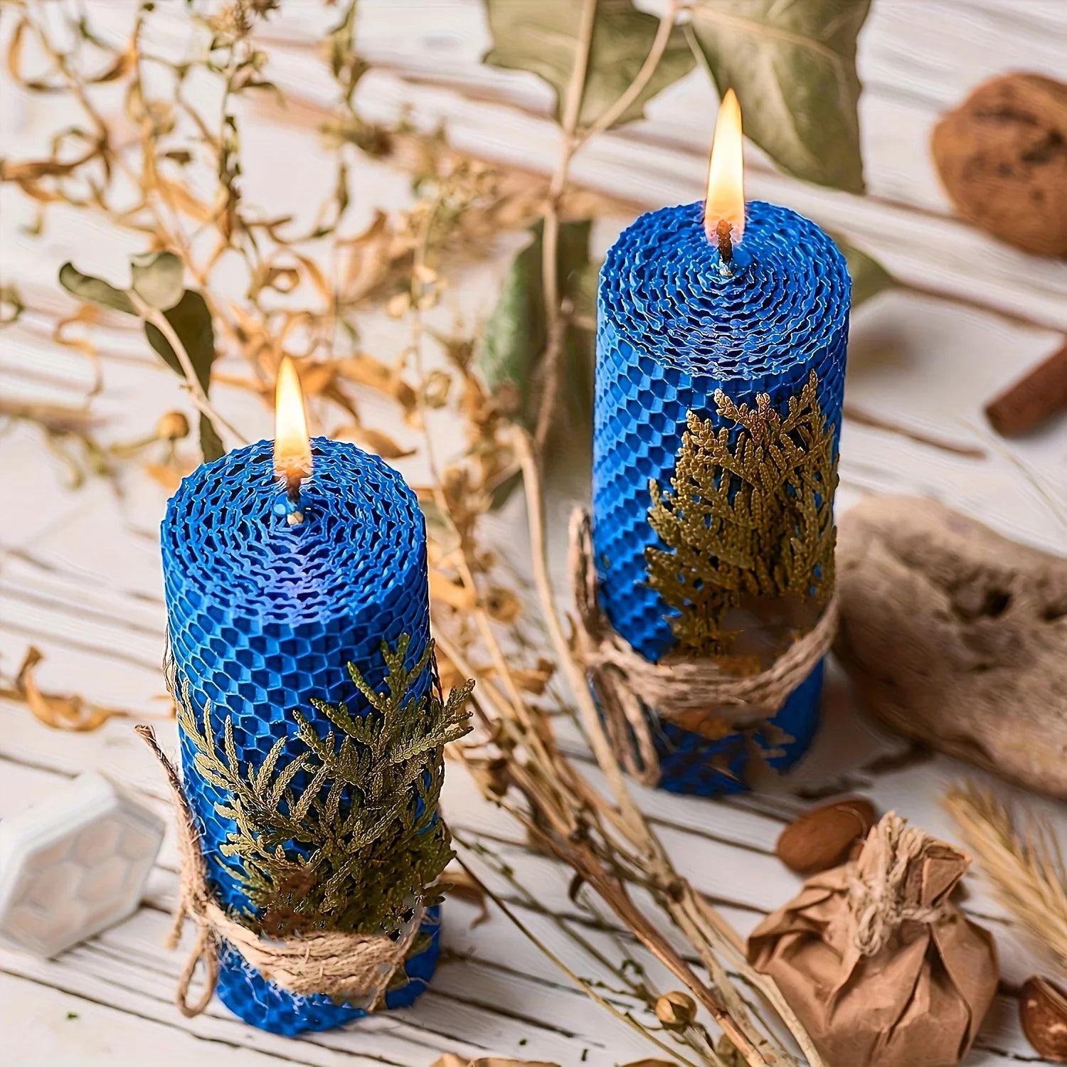 Beeswax Candles with Dried Flowers, Multicolor Piece Oval Set, angled view - House Of Avana