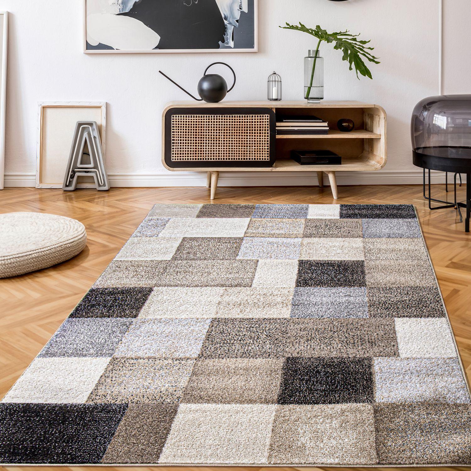 Modern Living Room Rug Fiesta Patchwork Look in Beige and Grey RugYourHome