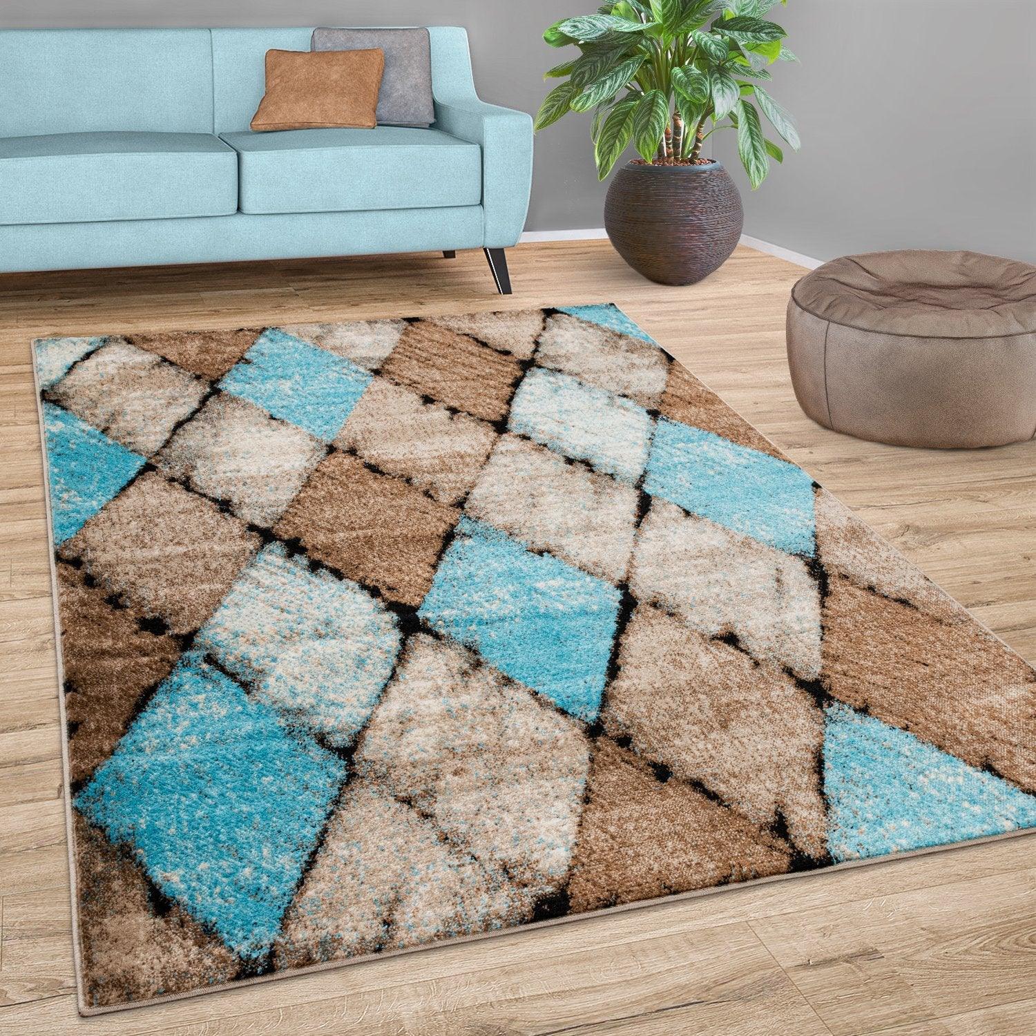 Beige Blue Area Rug Modern Diamond Pattern Low-Pile RugYourHome