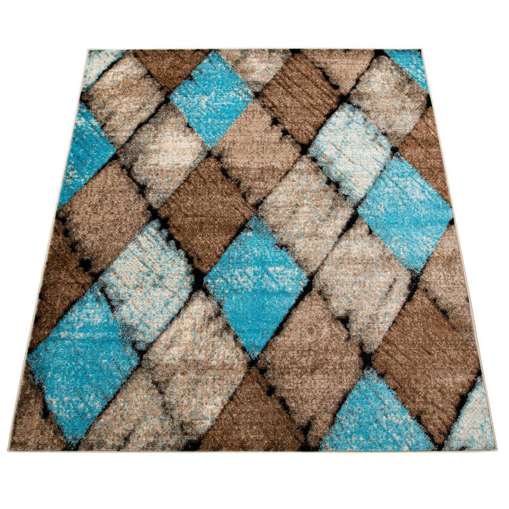 Beige Blue Area Rug Modern Diamond Pattern Low-Pile RugYourHome