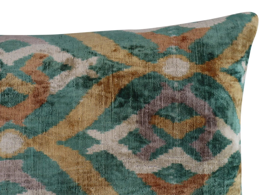 Canvello Teal Beige Brown Vegetable Dyed Handmade Turkish Silk Velvet Pillow - a Work of Art, angled view - House Of Avana