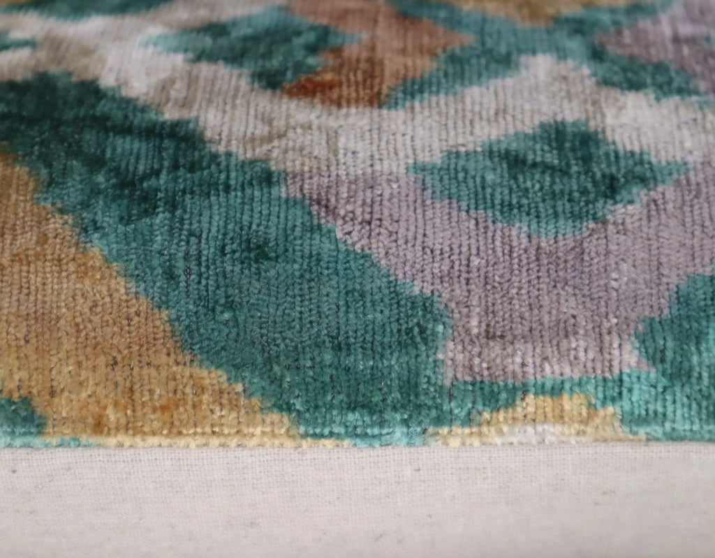 Canvello Teal Beige Brown Vegetable Dyed Handmade Turkish Silk Velvet Pillow - a Work of Art, angled view - House Of Avana