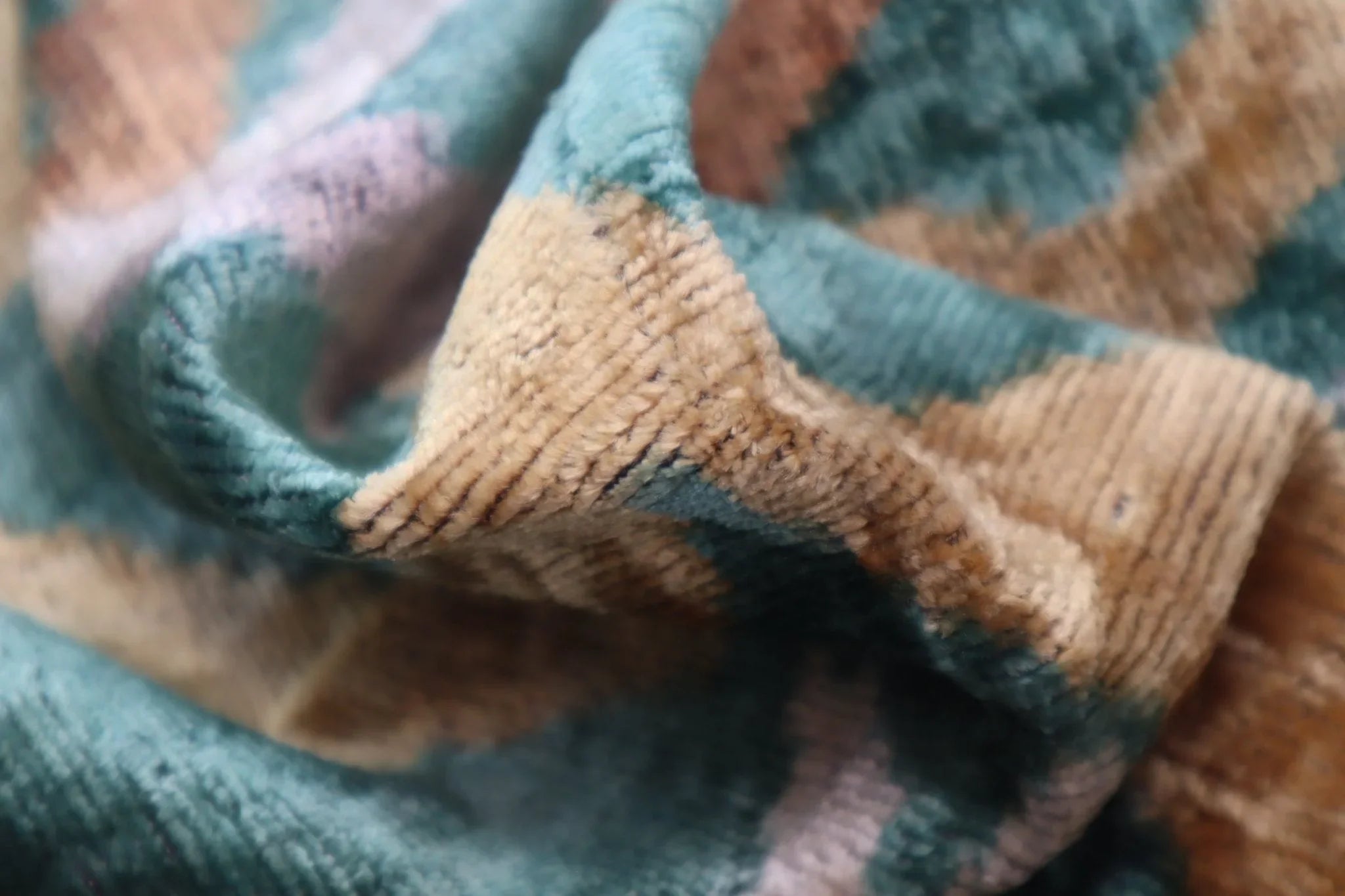 Canvello Teal Beige Brown Vegetable Dyed Handmade Turkish Silk Velvet Pillow - a Work of Art, detail shot - House Of Avana