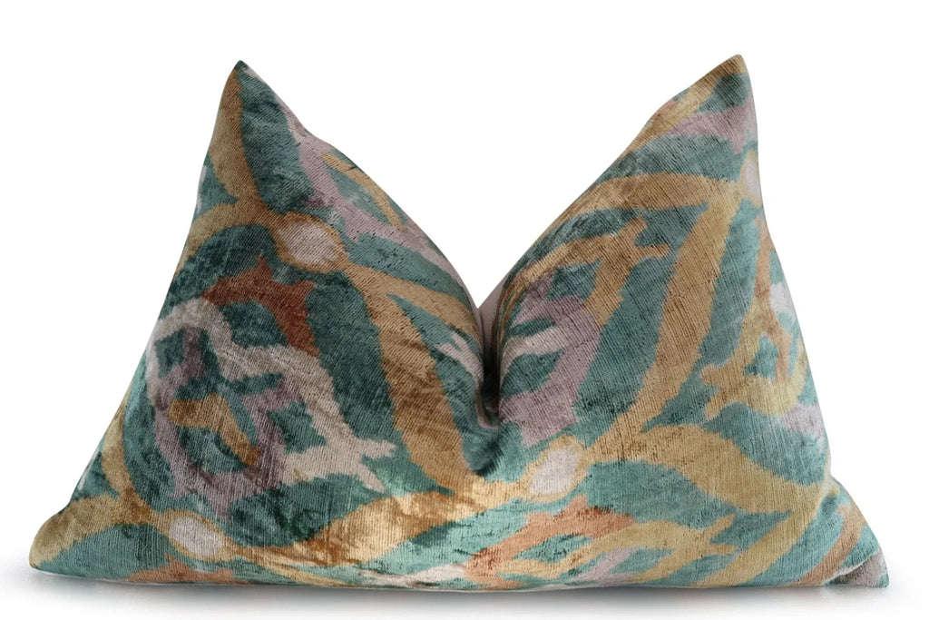 Canvello Teal Beige Brown Vegetable Dyed Handmade Turkish Silk Velvet Pillow - a Work of Art, side view - House Of Avana