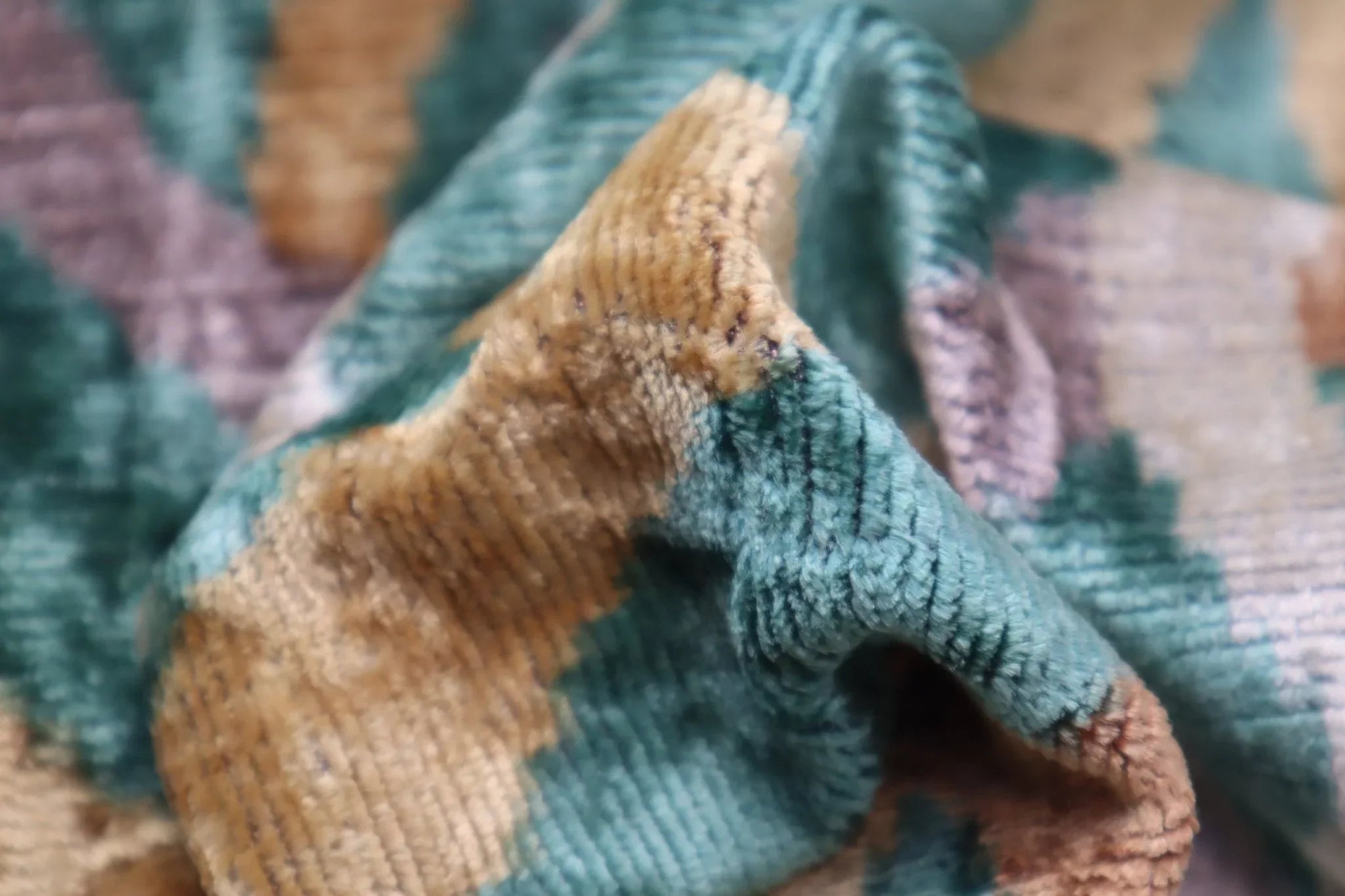 Canvello Teal Beige Brown Vegetable Dyed Handmade Turkish Silk Velvet Pillow - a Work of Art, top view - House Of Avana