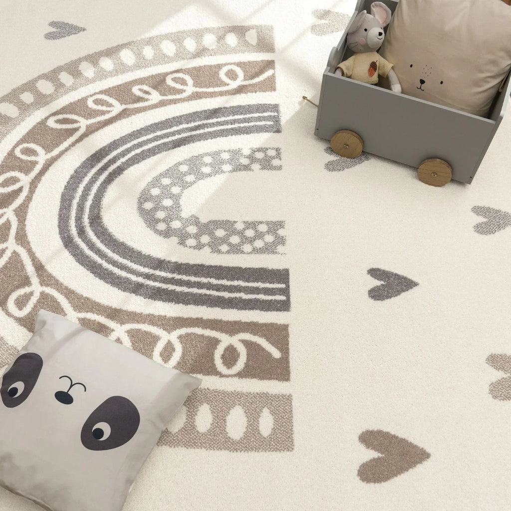 Kids Rug Nino with Rainbow and Hearts for Nursery in Beige Brown, back view - House Of Avana