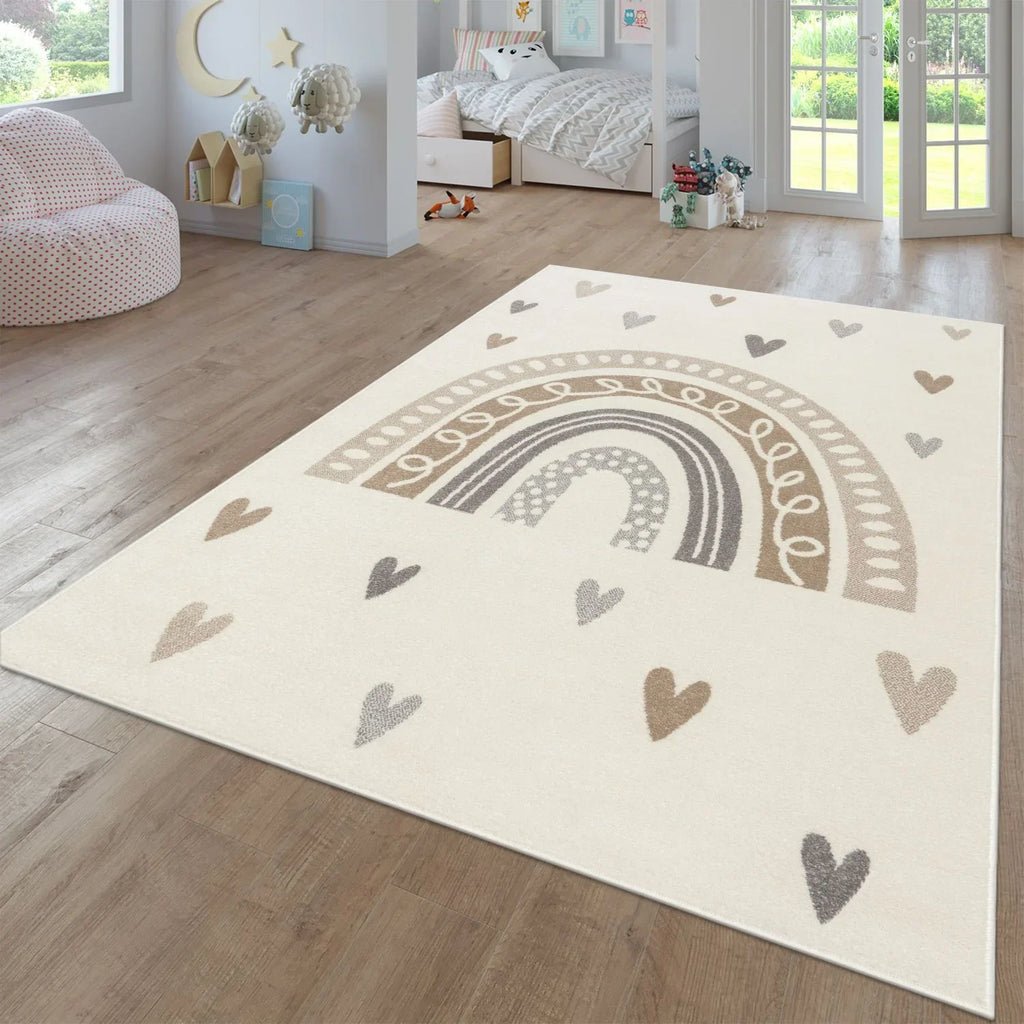 Kids Rug Nino with Rainbow and Hearts for Nursery in Beige Brown, front view - House Of Avana