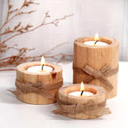 S Set Handmade Pine Wood Cylindrical Candle Holders with Natural Beige Rustic Finish & Rounded Edges -... - House Of Avana