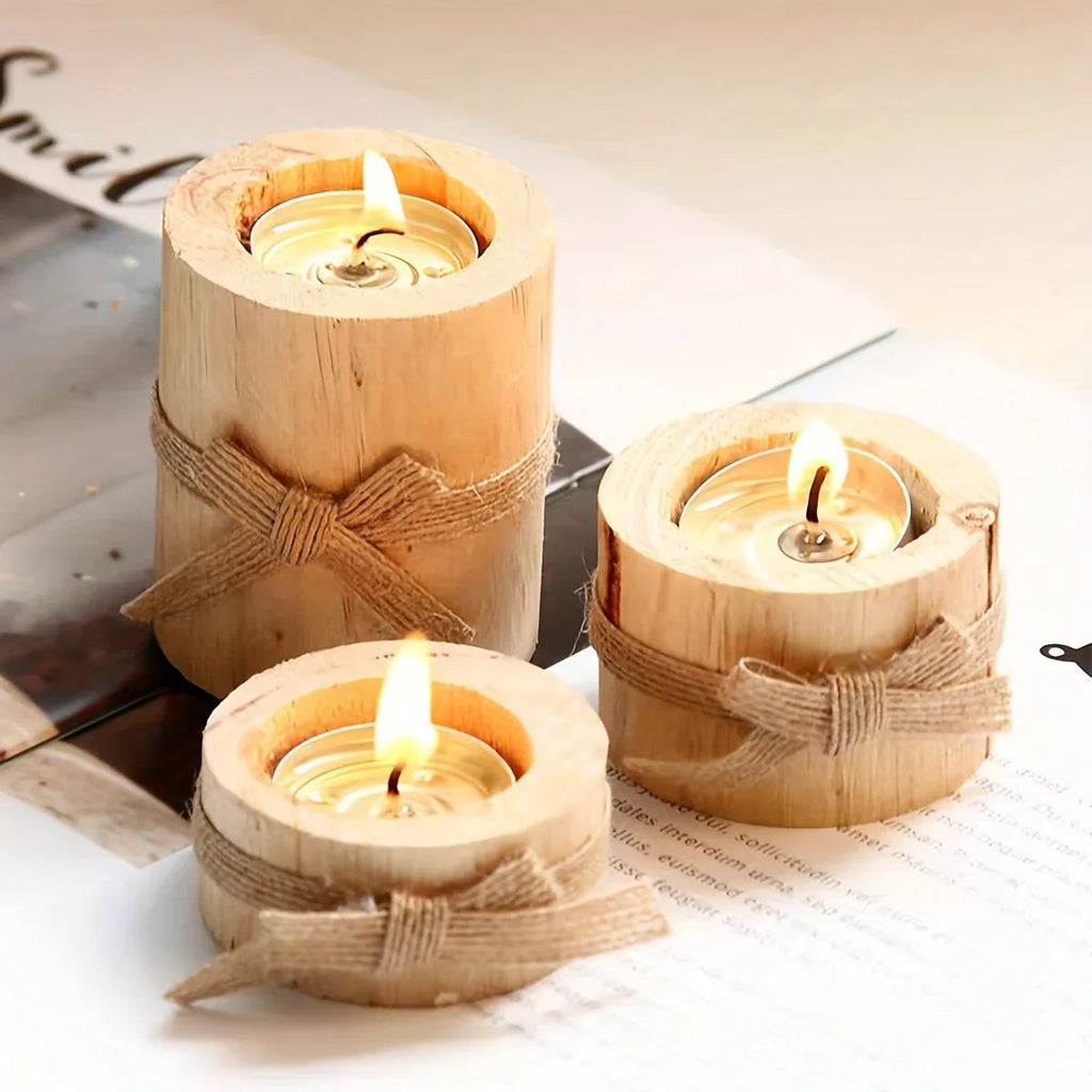 S Set Handmade Pine Wood Cylindrical Candle Holders with Natural Beige Rustic Finish & Rounded Edges -... - House Of Avana