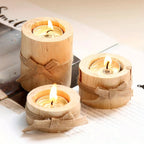 S Set Handmade Pine Wood Cylindrical Candle Holders with Natural Beige Rustic Finish & Rounded Edges -... - House Of Avana