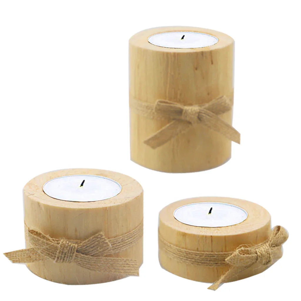 S Set Handmade Pine Wood Cylindrical Candle Holders with Natural Beige Rustic Finish & Rounded Edges -... - House Of Avana