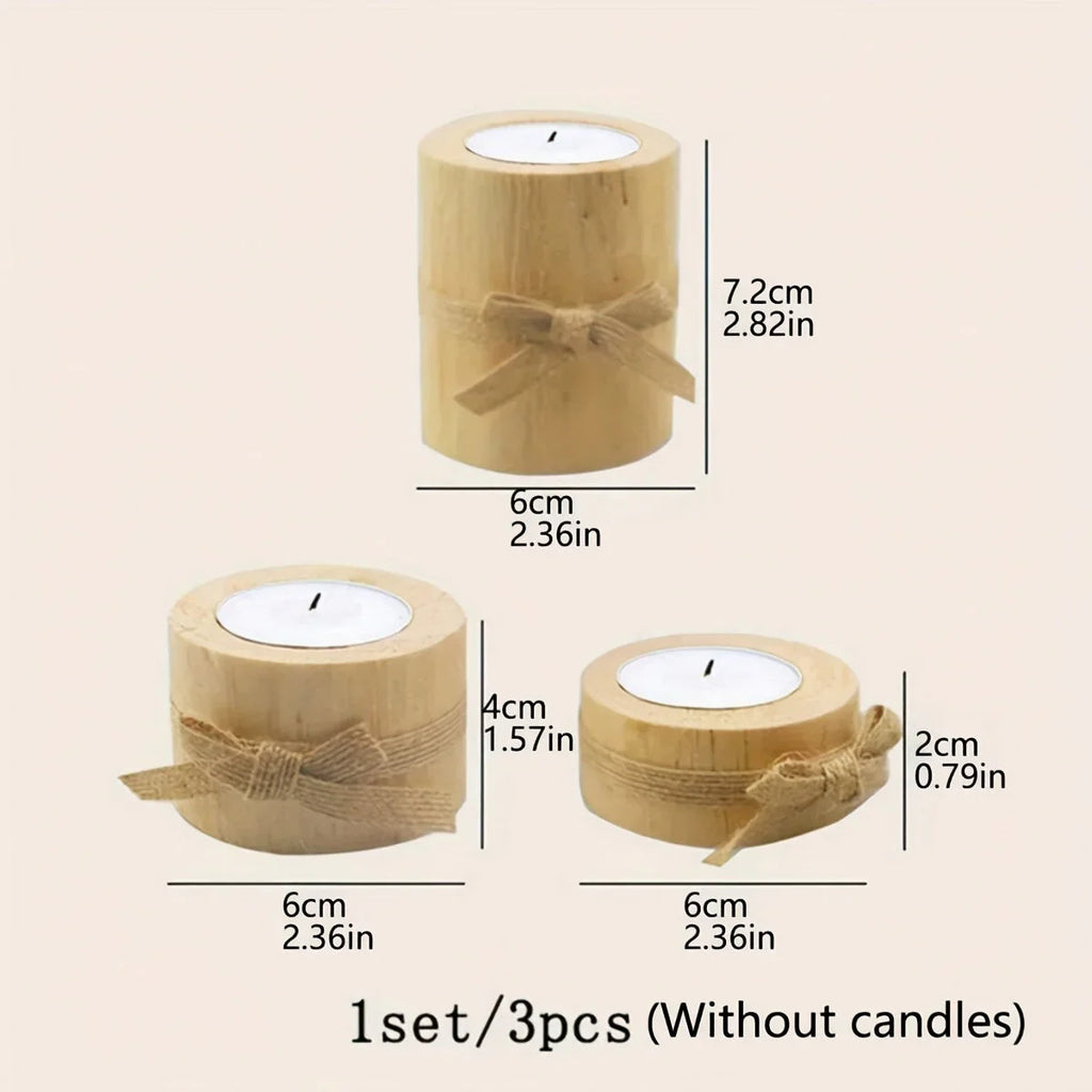S Set Handmade Pine Wood Cylindrical Candle Holders with Natural Beige Rustic Finish & Rounded Edges -... - House Of Avana