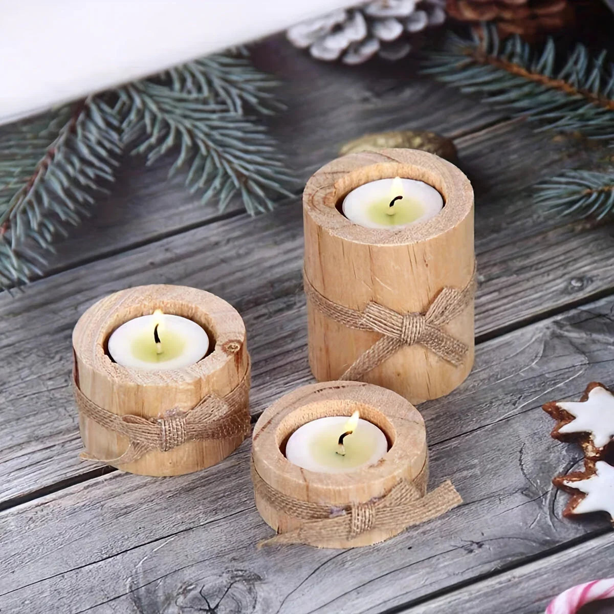 S Set Handmade Pine Wood Cylindrical Candle Holders with Natural Beige Rustic Finish & Rounded Edges -... - House Of Avana