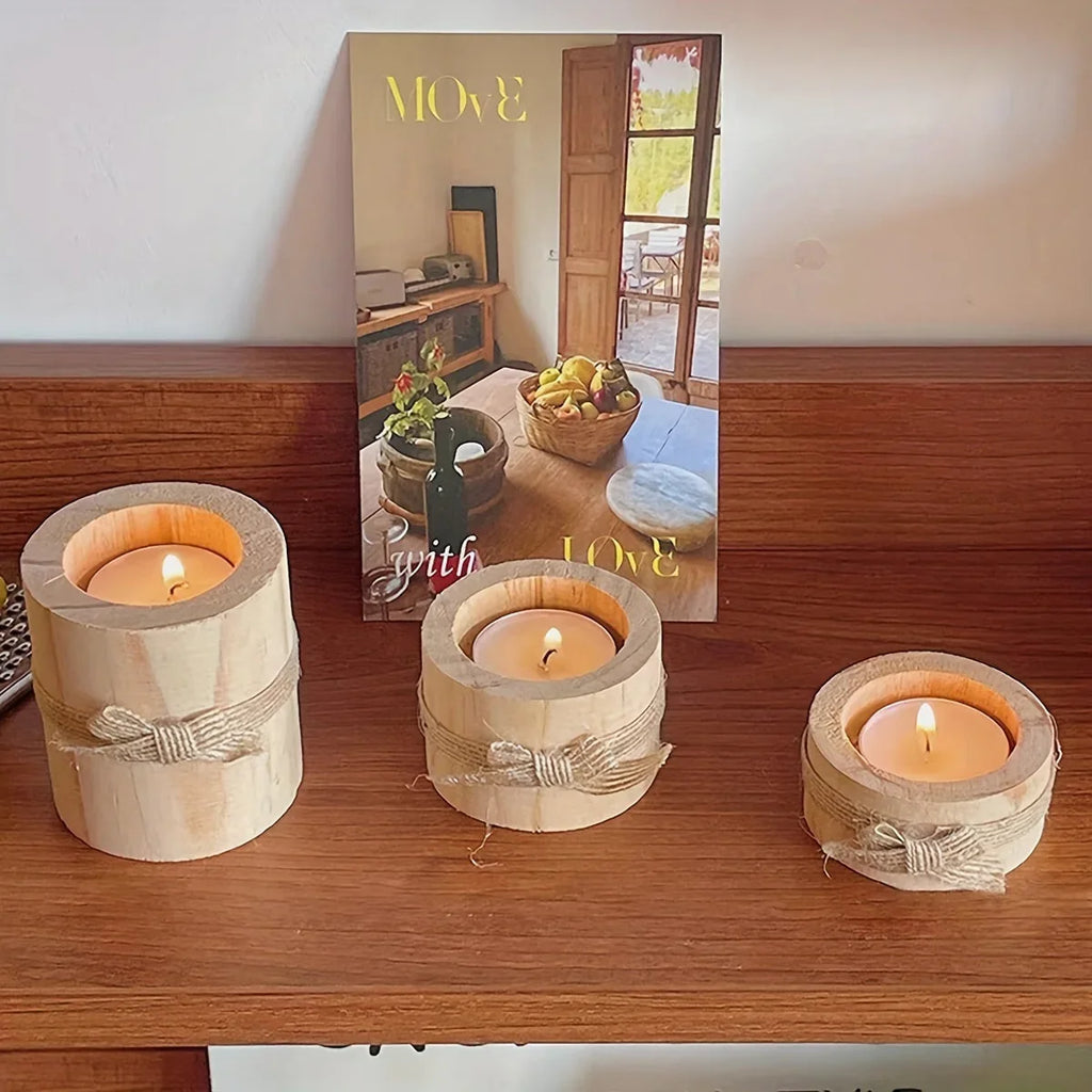 S Set Handmade Pine Wood Cylindrical Candle Holders with Natural Beige Rustic Finish & Rounded Edges -... - House Of Avana