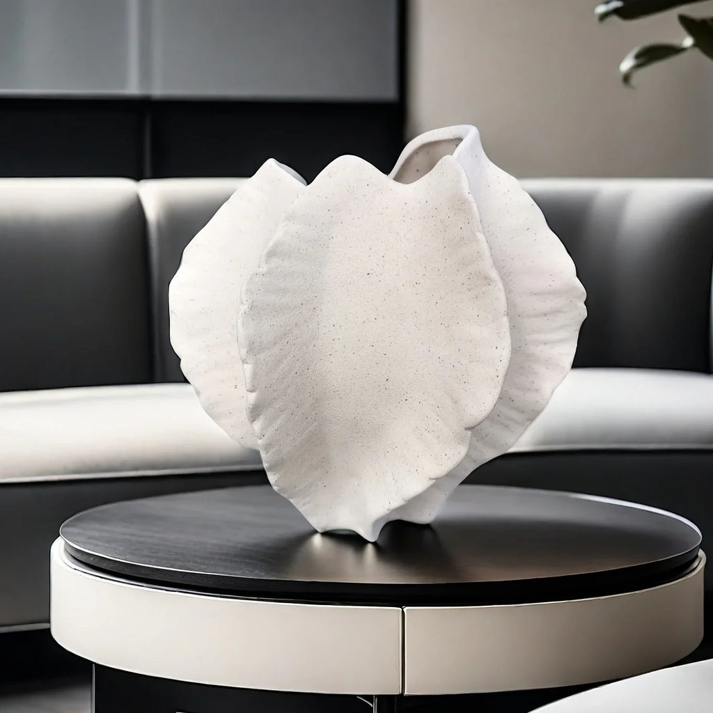 Beige ceramic vase with textured art design, smooth interior - House of Avana