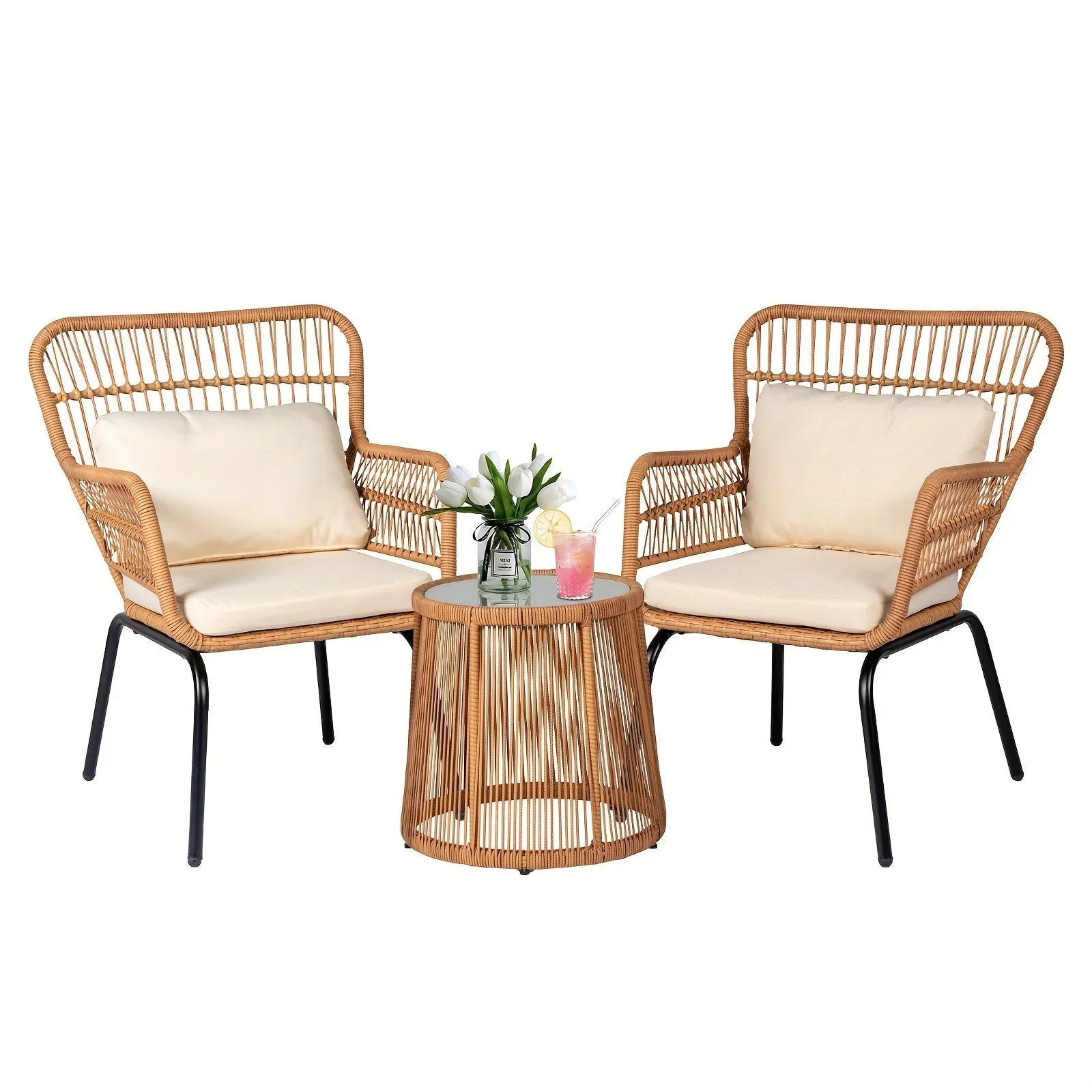 S Boho Outdoor Small Patio Furniture Chair Set with Beige Cushion and Round Glass Table Side Table... - House Of Avana