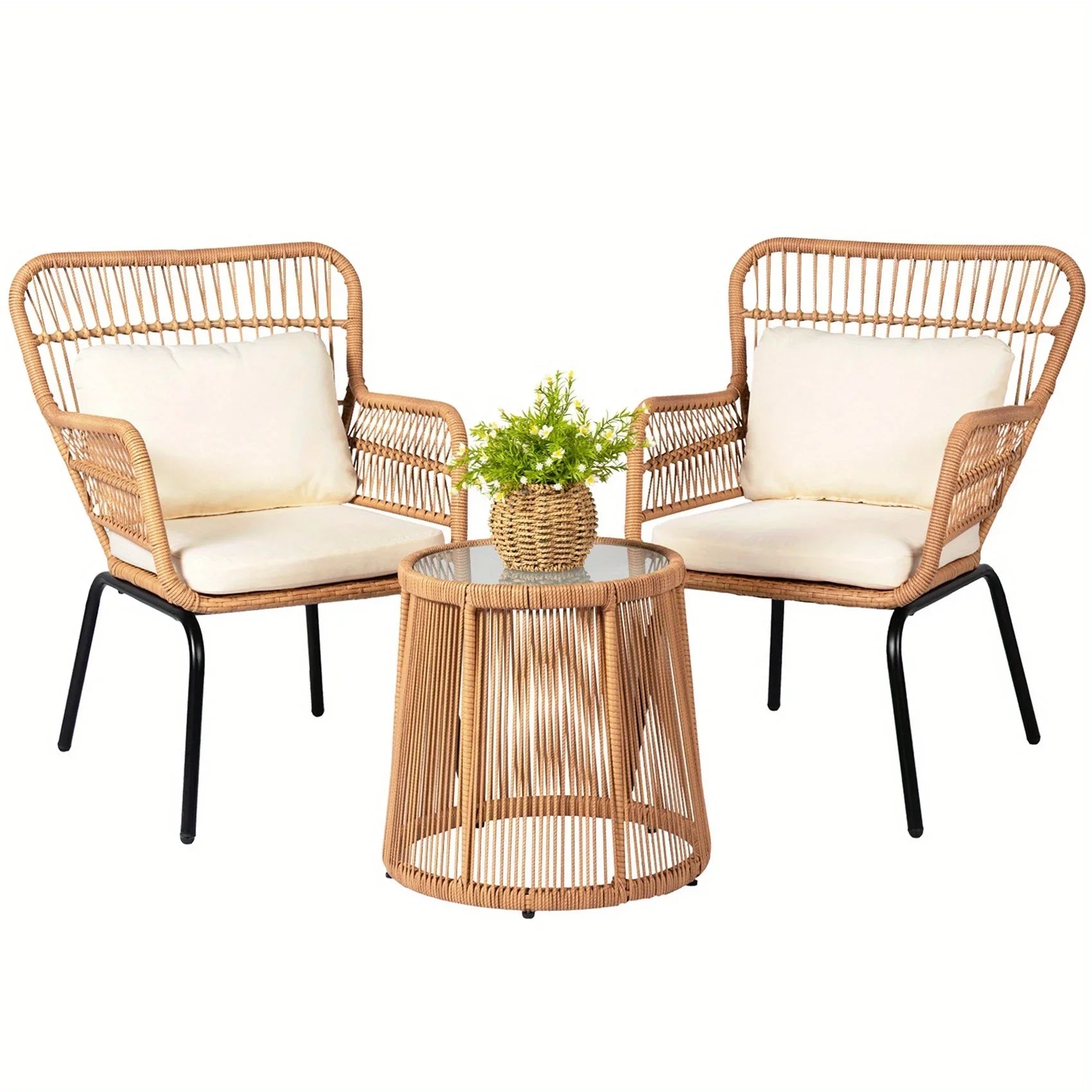 S Boho Outdoor Small Patio Furniture Chair Set with Beige Cushion and Round Glass Table Side Table... - House Of Avana