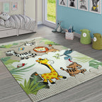 Kids Rug Jungle Animals Giraffe Lion Tiger Zebra Beige Cream, front view - House Of Avana