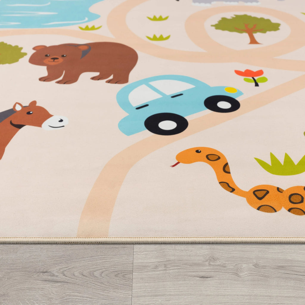 Kids Play-mat Lilo with Wild Animals in Beige, angled view - House Of Avana
