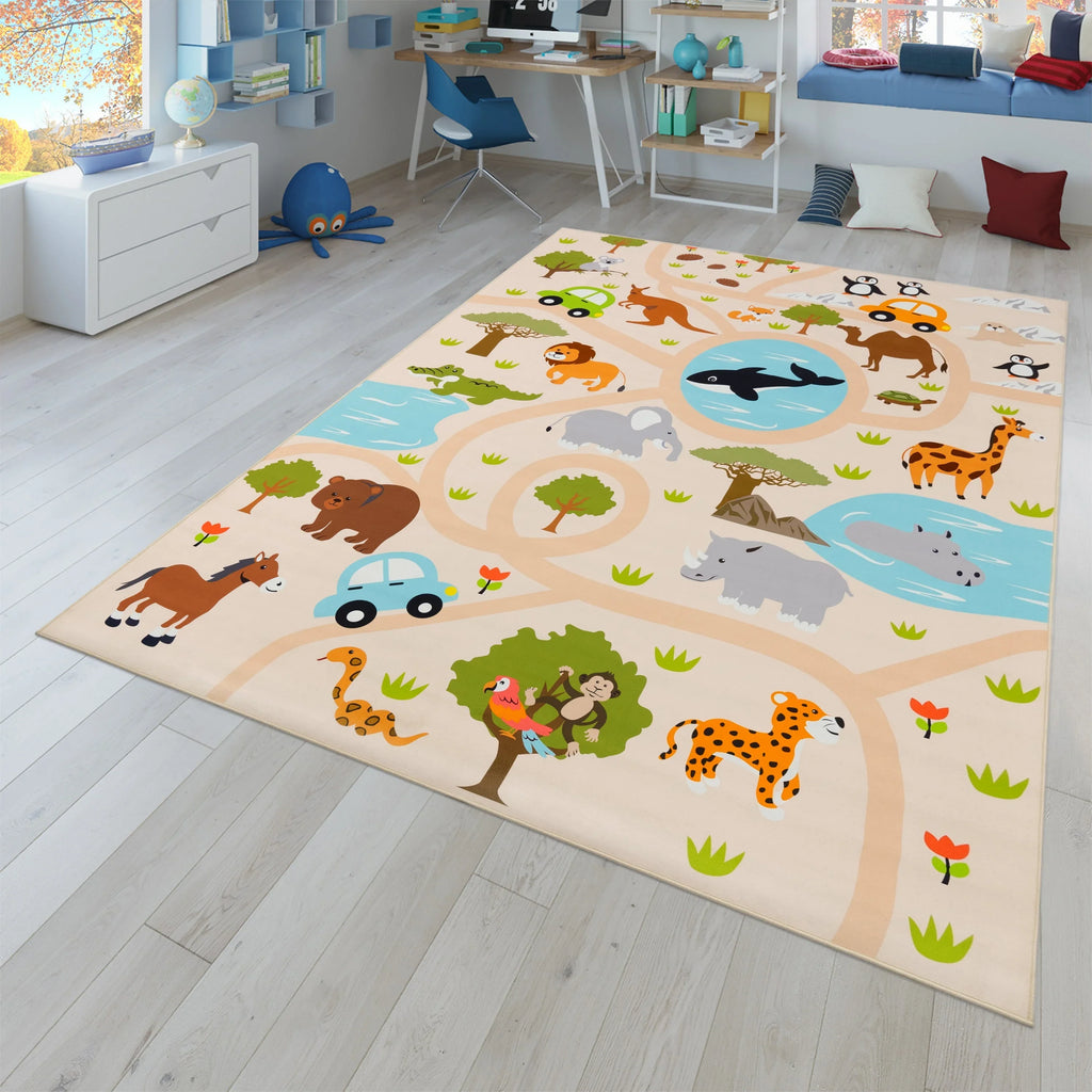 Kids Play-mat Lilo with Wild Animals in Beige, close-up view - House Of Avana