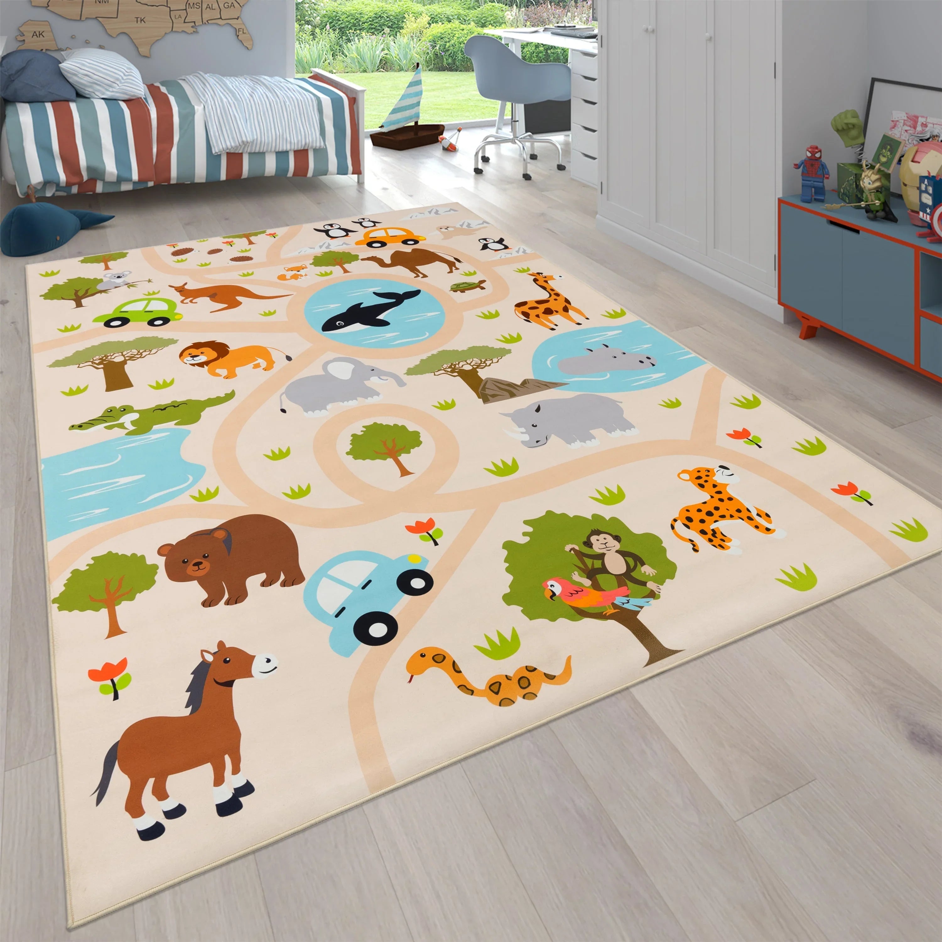 Kids Play-mat Lilo with Wild Animals in Beige, front view - House Of Avana
