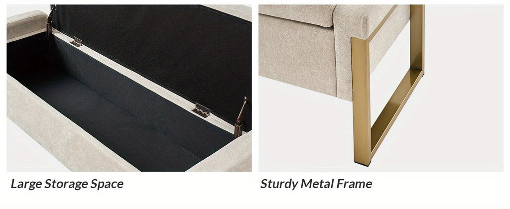 Beige Storage Ottoman Bench with Metal Legs, 55-inches Extra Long Accent Bench for End of Bed, Comfy... - House Of Avana
