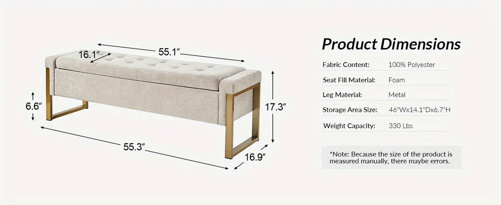 Beige Storage Ottoman Bench with Metal Legs, 55-inches Extra Long Accent Bench for End of Bed, Comfy... - House Of Avana
