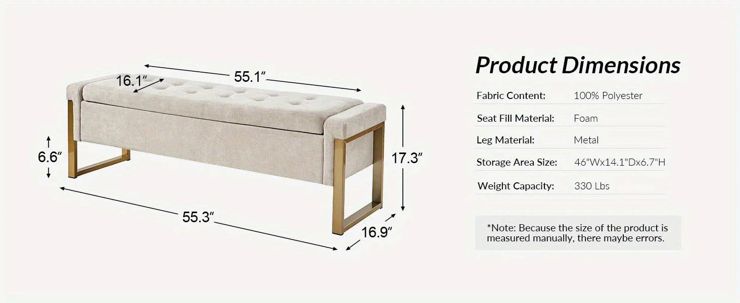 Beige Storage Ottoman Bench with Metal Legs, 55-inches Extra Long Accent Bench for End of Bed, Comfy... - House Of Avana