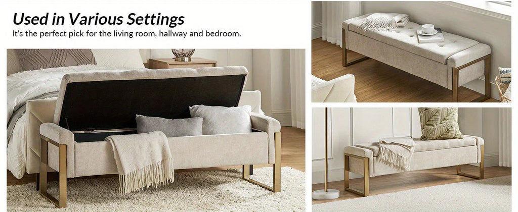 Beige Storage Ottoman Bench with Metal Legs, 55-inches Extra Long Accent Bench for End of Bed, Comfy... - House Of Avana