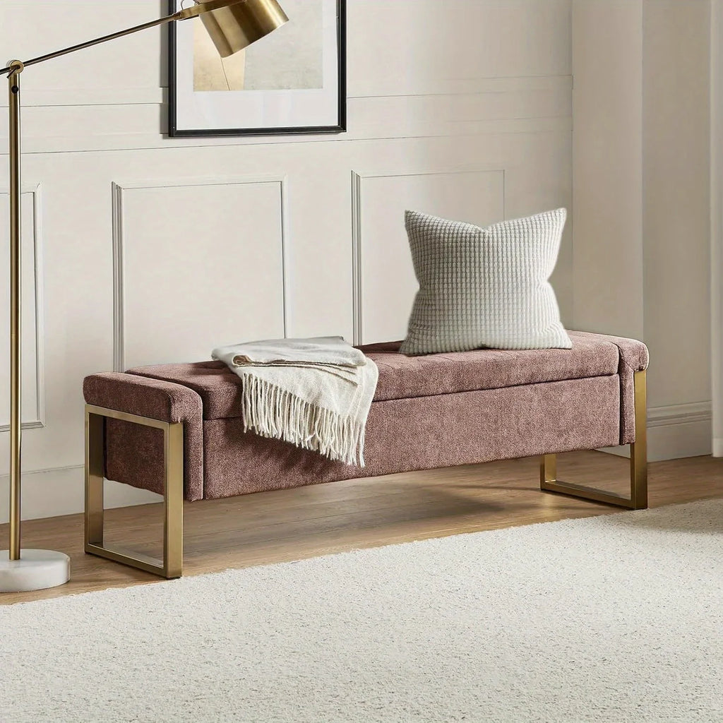 Beige Storage Ottoman Bench with Metal Legs, 55-inches Extra Long Accent Bench for End of Bed, Comfy... - House Of Avana