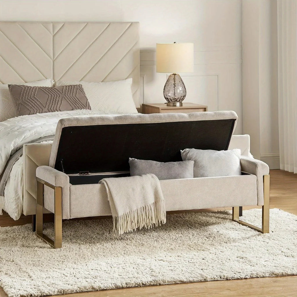 Beige Storage Ottoman Bench with Metal Legs, 55-inches Extra Long Accent Bench for End of Bed, Comfy... - House Of Avana