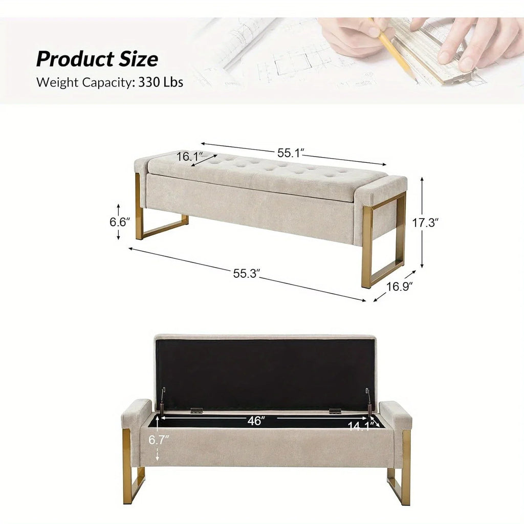 Beige Storage Ottoman Bench with Metal Legs, 55-inches Extra Long Accent Bench for End of Bed, Comfy... - House Of Avana