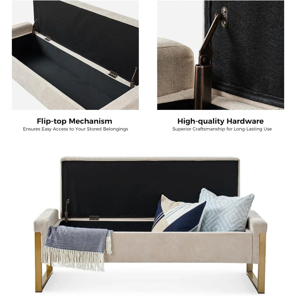 Beige Storage Ottoman Bench with Metal Legs, 55-inches Extra Long Accent Bench for End of Bed, Comfy... - House Of Avana