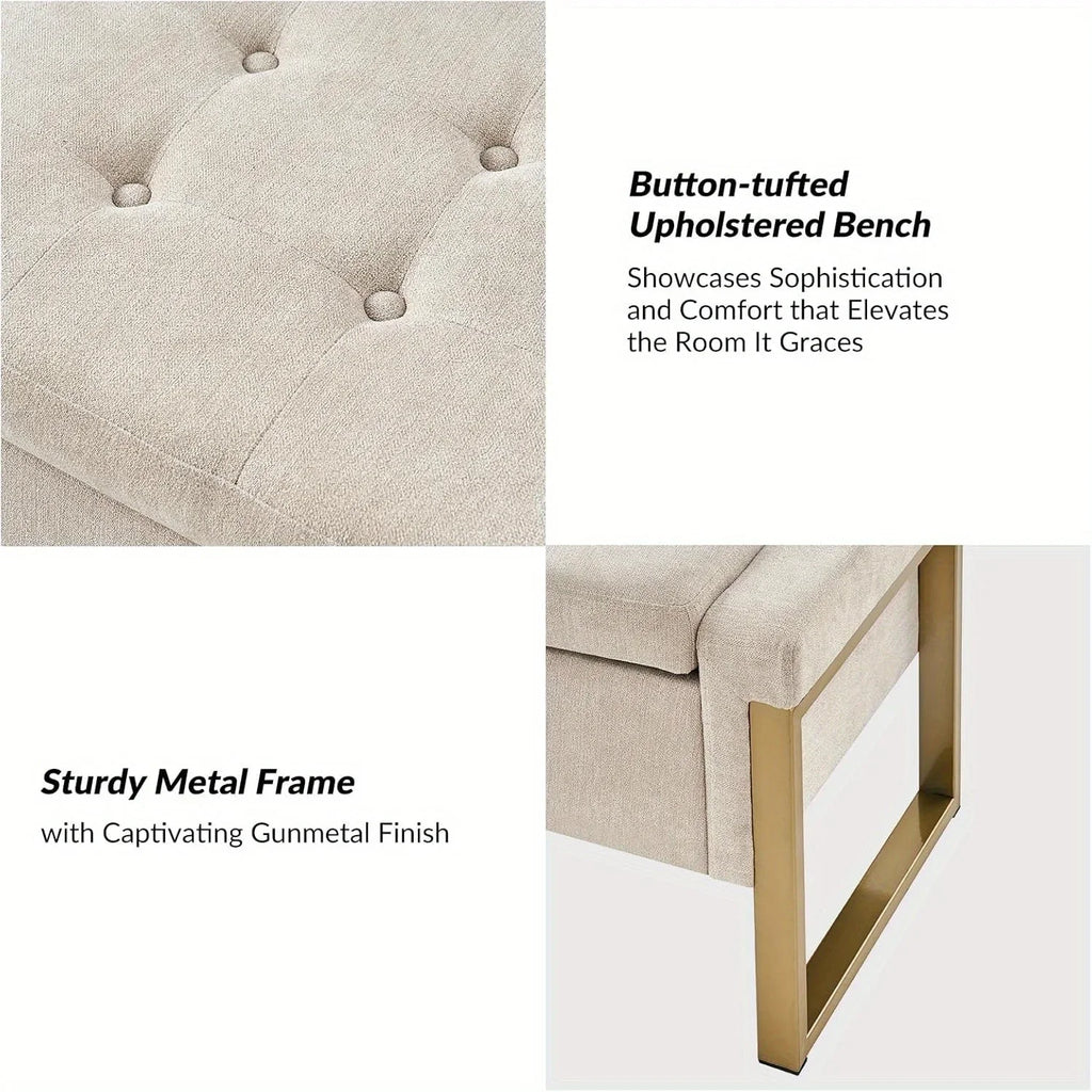 Beige Storage Ottoman Bench with Metal Legs, 55-inches Extra Long Accent Bench for End of Bed, Comfy... - House Of Avana