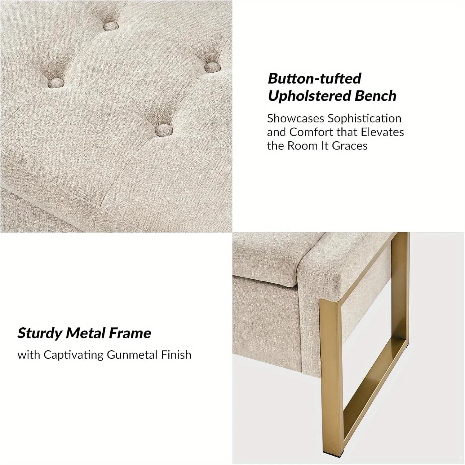 Beige Storage Ottoman Bench with Metal Legs, 55-inches Extra Long Accent Bench for End of Bed, Comfy... - House Of Avana