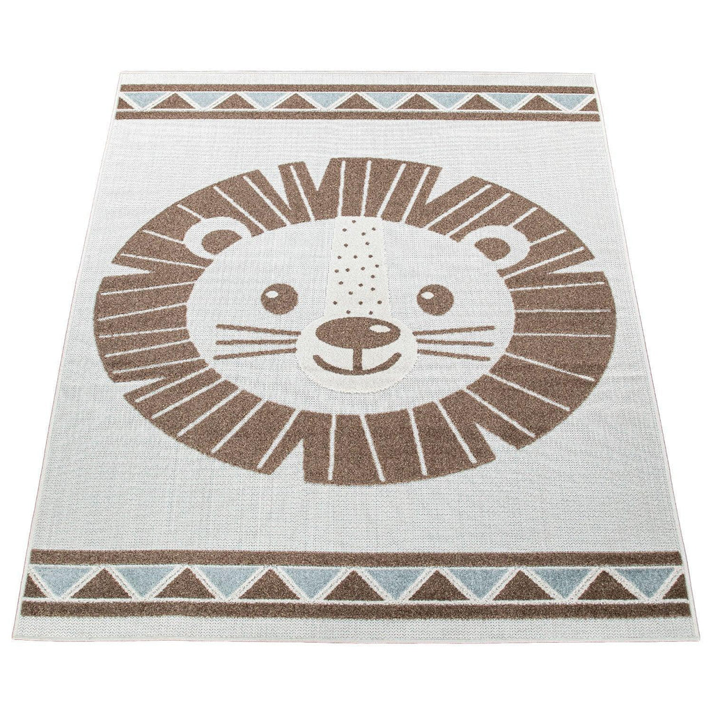 Kids Rug Tweet Happy Lion Play-mat in Beige, angled view - House Of Avana