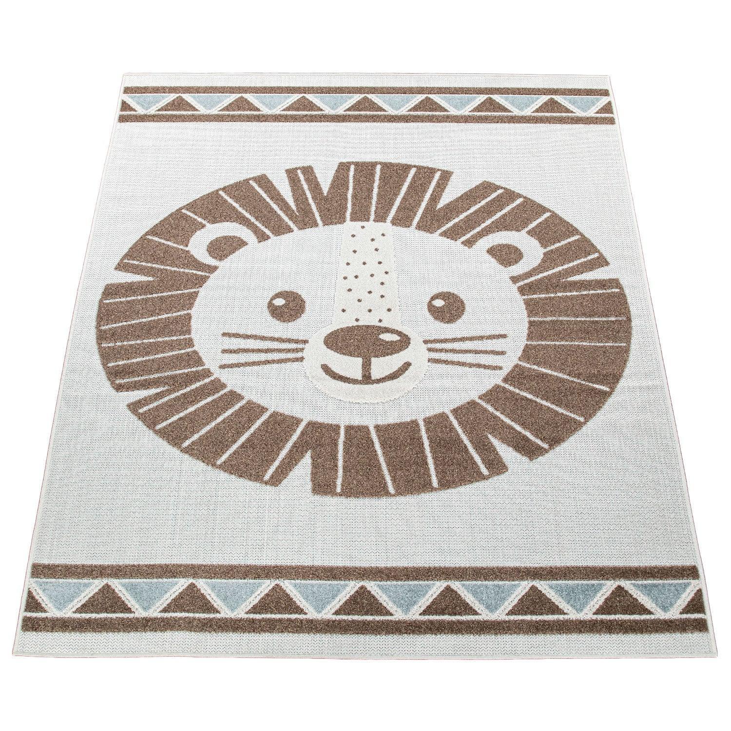 Kids Rug Tweet Happy Lion Play-mat in Beige, angled view - House Of Avana