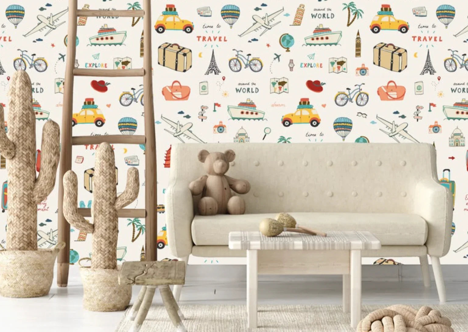 Beige Tufted Sofa and Teddy Bear Wallpaper for Any Ceiling Height, front view - House Of Avana