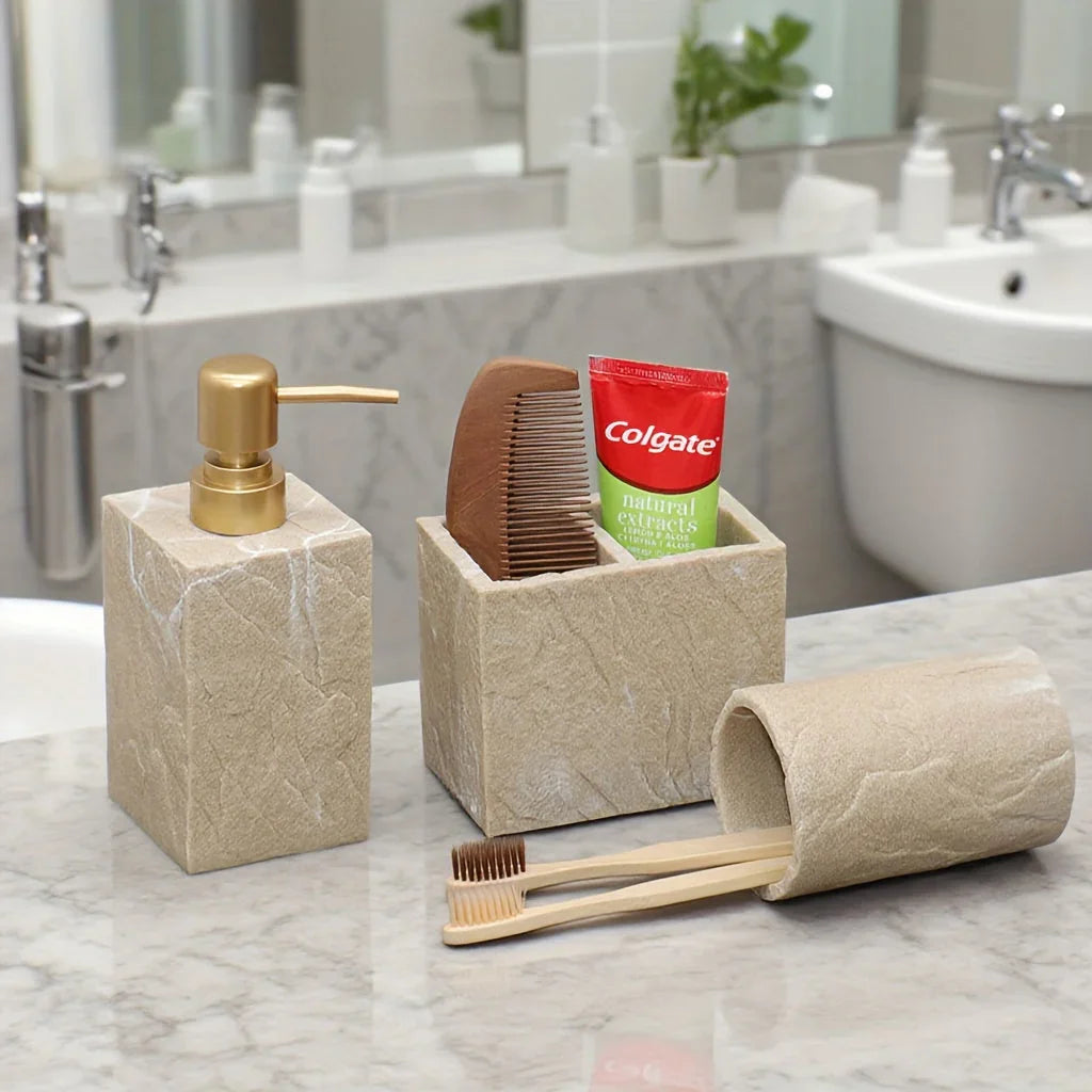 Beige Stone Bathroom Essentials, Creamy Finish, front view - House Of Avana