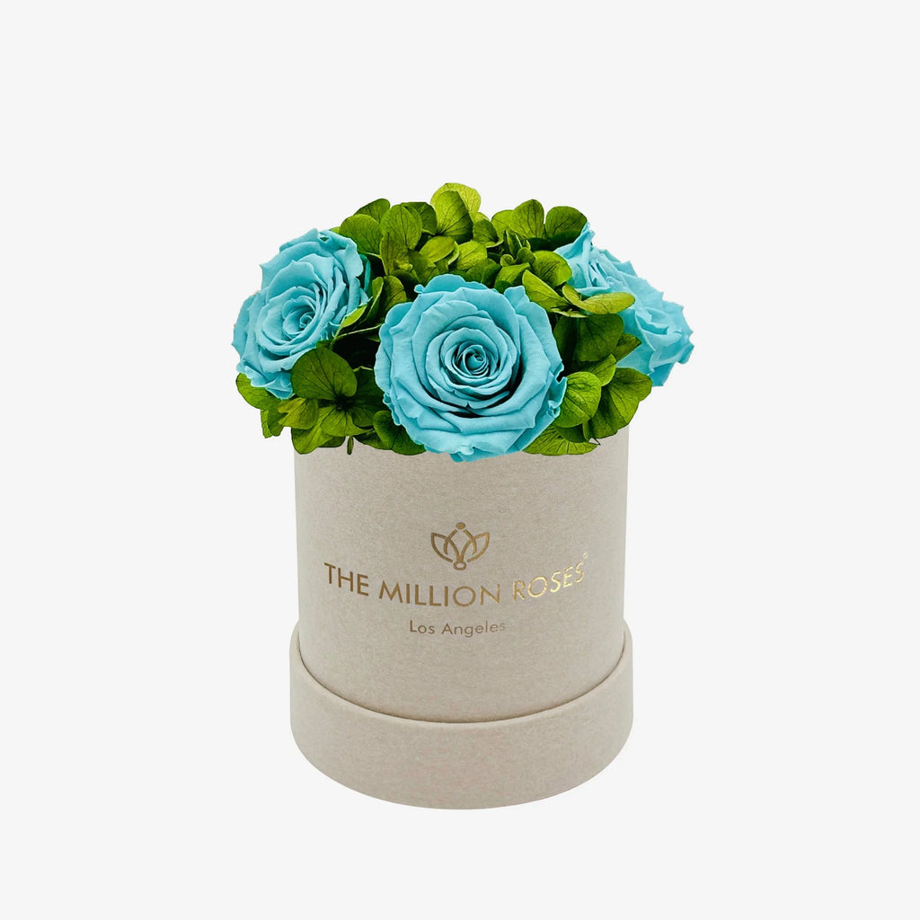 Beige suede garden box with turquoise roses, soft exterior - House of Avana